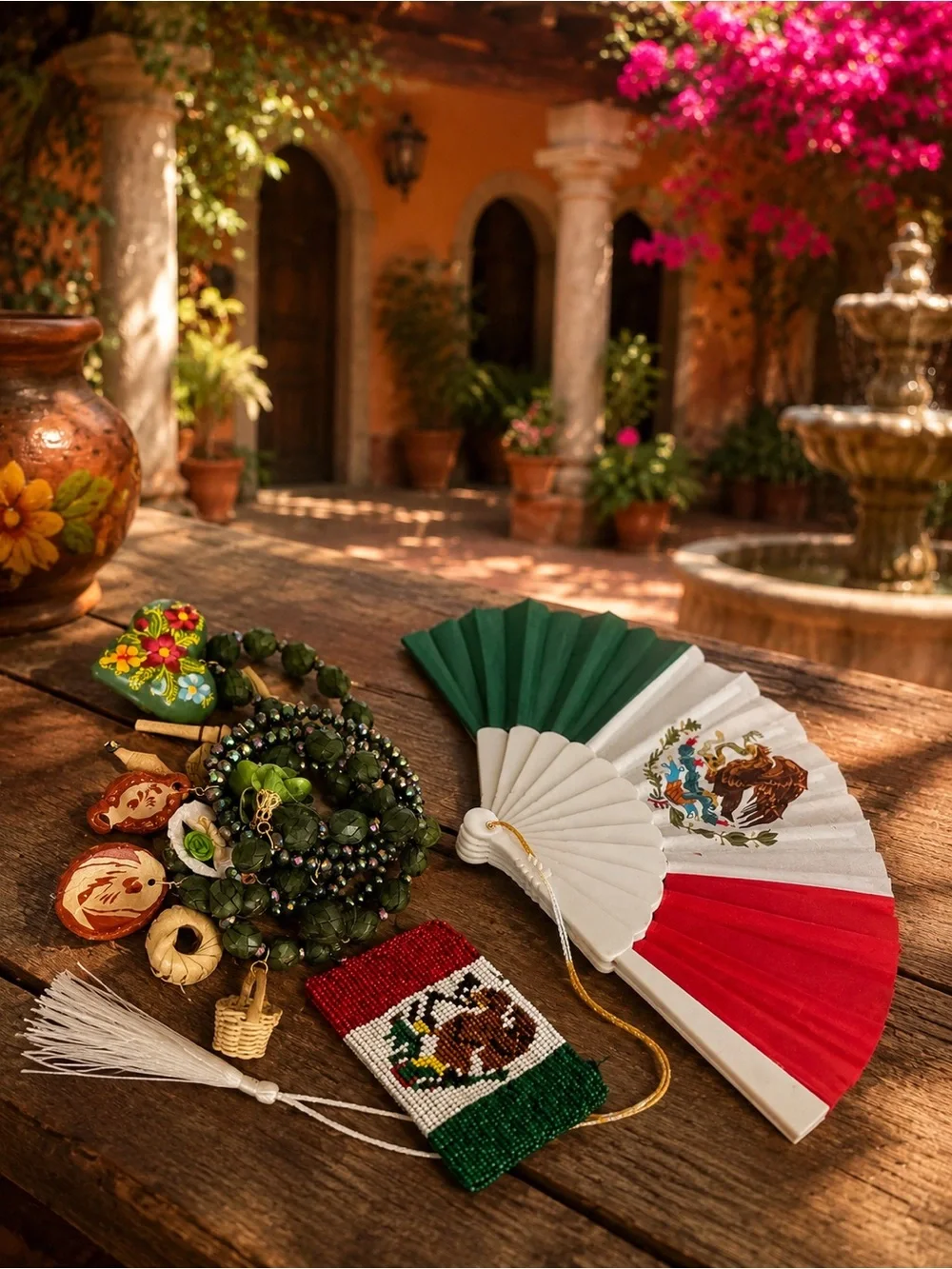 Set of 3 Mexican Tricolor set Fan, coin pouch and semanario bracelets